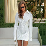 Linad Office Lapel Across White Mini Shirt Dress Elegant High Waist Pleated Short Dresses Black Casual Long Sleeve Dress 2025