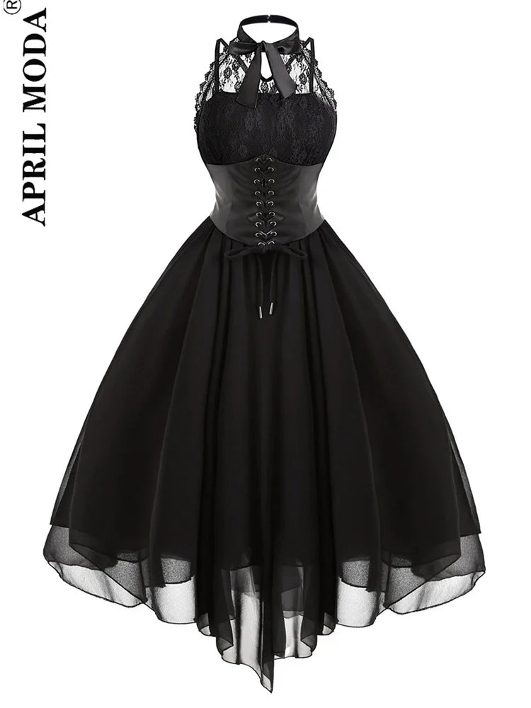 Irregular Hem Black High Waist Gothic Dresses Sleevesless Lace Chiffon Patchwork Aesthetic Goth Harajuku A-Line Dress for Women