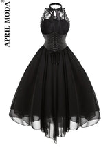 Irregular Hem Black High Waist Gothic Dresses Sleevesless Lace Chiffon Patchwork Aesthetic Goth Harajuku A-Line Dress for Women