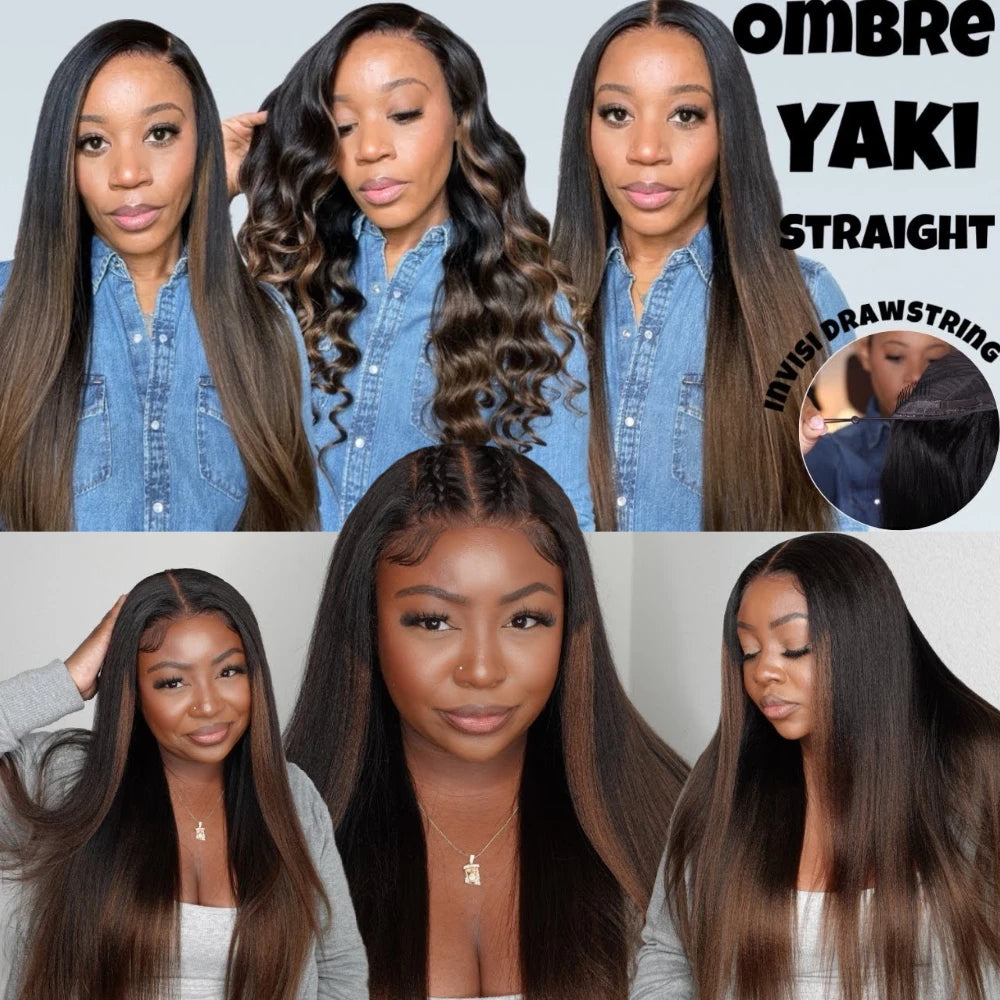 UNICE 7x5 Pre Cut Pre Bleached Glueless Wigs Human Hair Drawstring Cap Chesnut Brown Ombre Yaki Straight Wig 150% Density