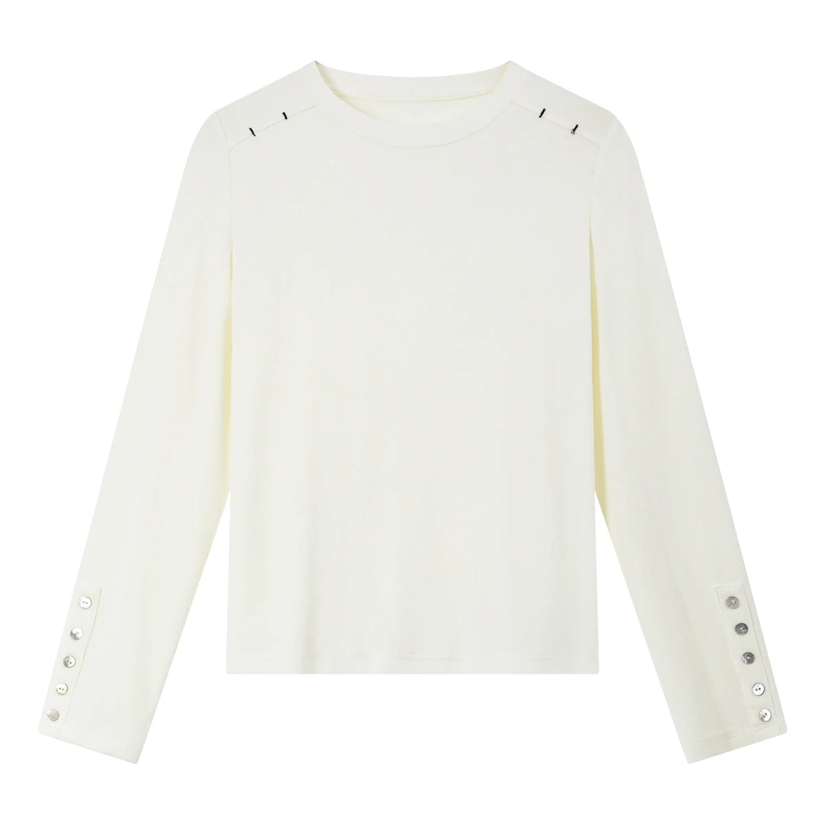 VIMLY White T-shirt Women Basic Minimalist Shell Button Design Long Sleeve Tees 2026 Fall Daily Causal Crew Neck T-shirts A3912
