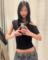 Tank Black Shoulder-Sleeved Short-Sleeved Shirt Sleeveless Top with Shoulder Cutout Lightweight Knitted T-Shirt Stylish and V
