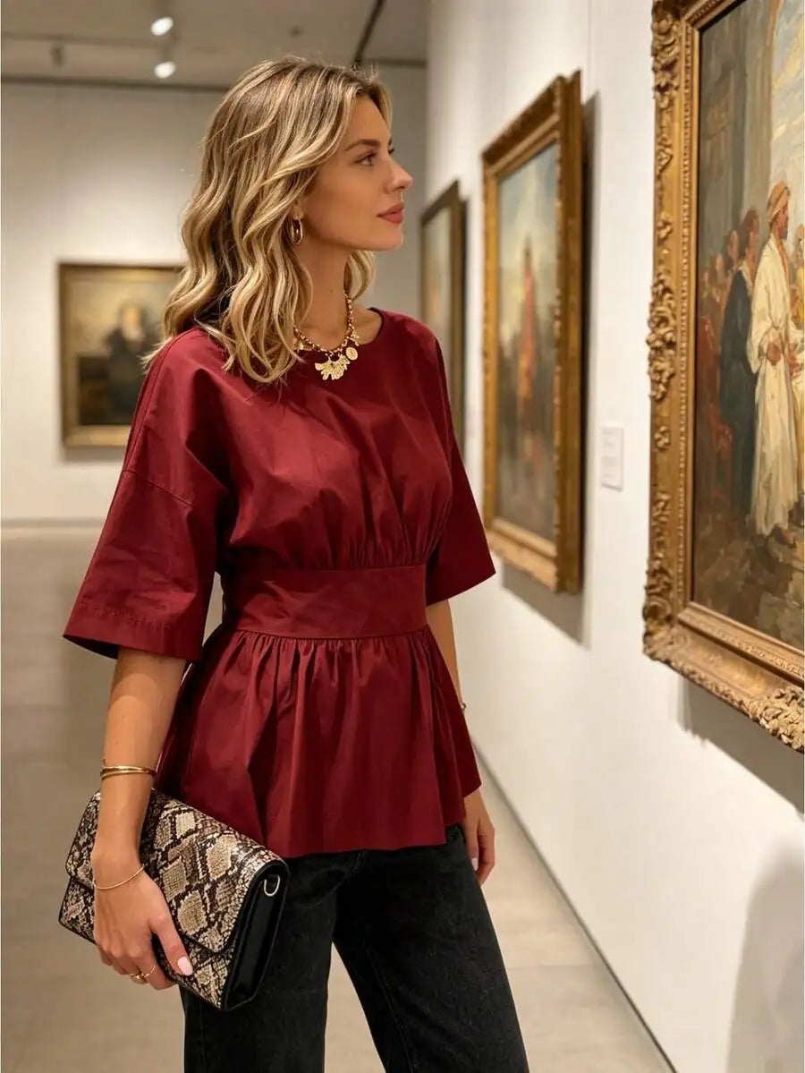Womens Summer Peplum Top Casual Solid Color Backless Loose Hem Bow Crew Neck Elbow Sleeve Blouse