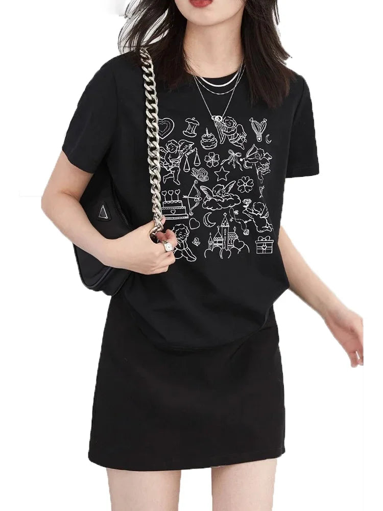CHIC VEN Korean Fashion Women T-Shirts Loose New O Neck Short Sleeve Printed Girl Tees Slim Female Top Spring Summer 2026