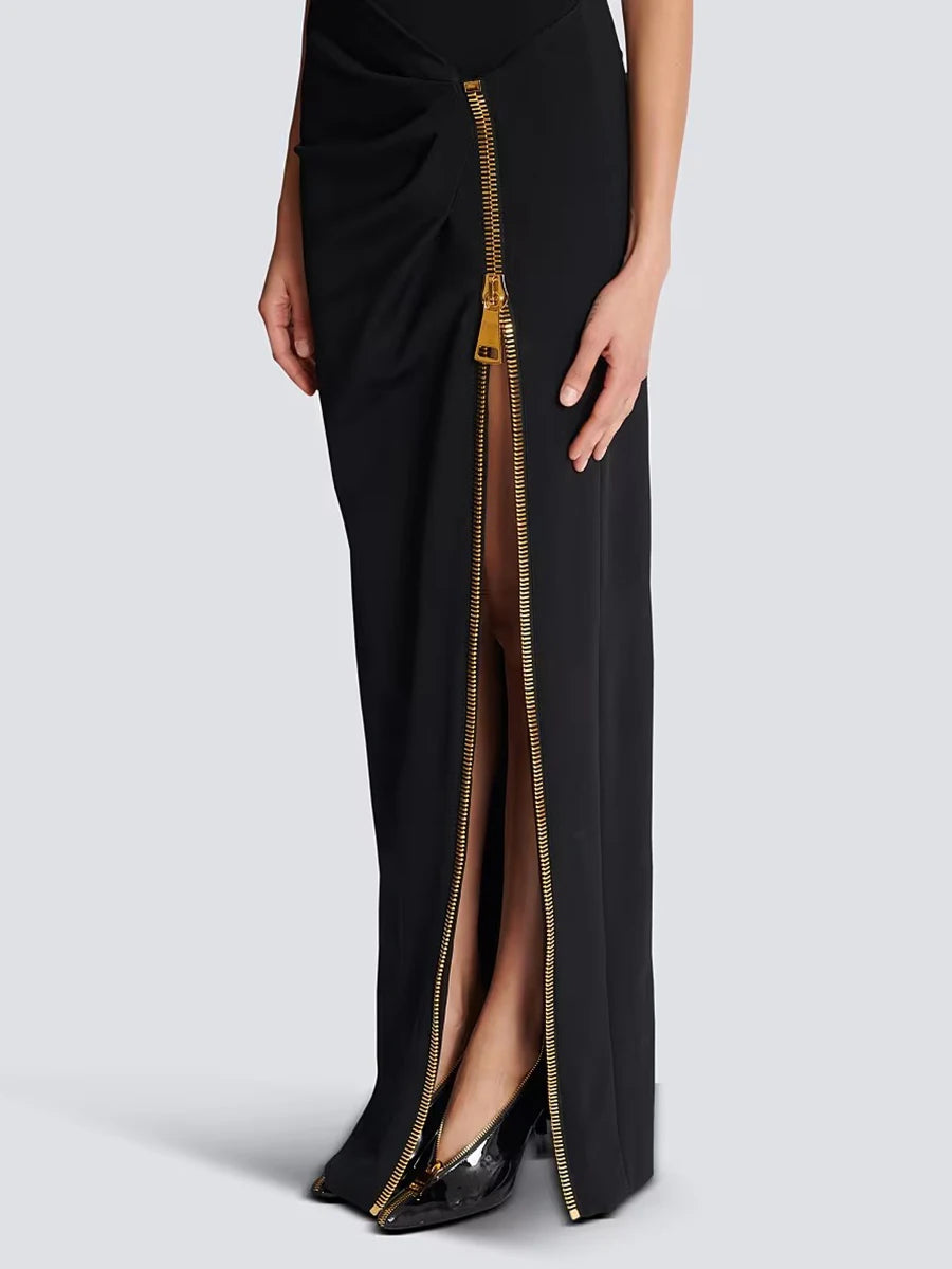 TWOTWINSTYLE Solid Slimming Spliced Zipper Temperament Dresses for Women Stand Neck Sleeveless Patchwork Folds Dress Female New