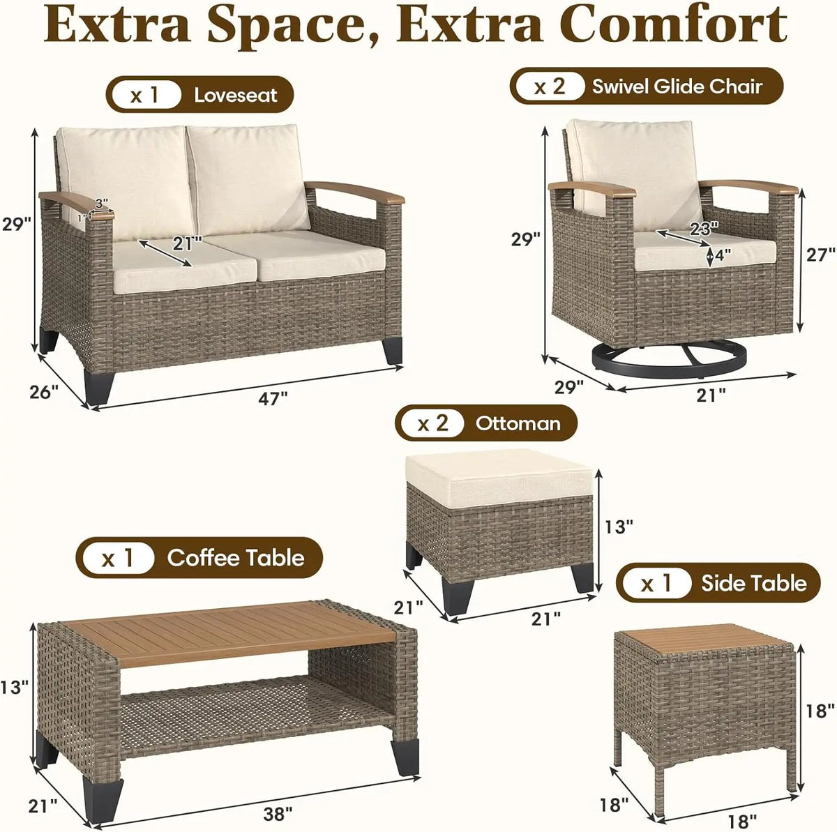 7 Piece Patio Furniture Set, Wicker Patio Conversation Set with Swivel Glider, Loveseat Sofa, 2