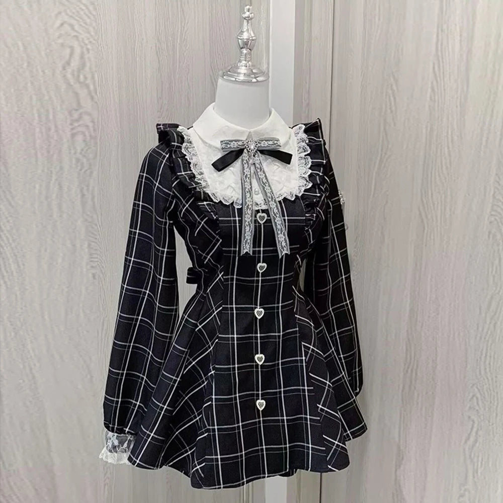 Womens Lolita Kawaii Sweet Lace Patchwork Plaid Dress Fairy Grunge Ruffled Long Sleeve Dresses Y2k Aesthetic Lolita Vestidos