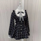 Womens Lolita Kawaii Sweet Lace Patchwork Plaid Dress Fairy Grunge Ruffled Long Sleeve Dresses Y2k Aesthetic Lolita Vestidos