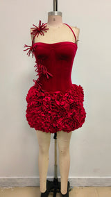 Black Red Women Sexy Strapless Laced-up Tops 2 Pieces Florals Bodycon Mini Bandage Dress Celebrate Nightclub Party Stage Wear