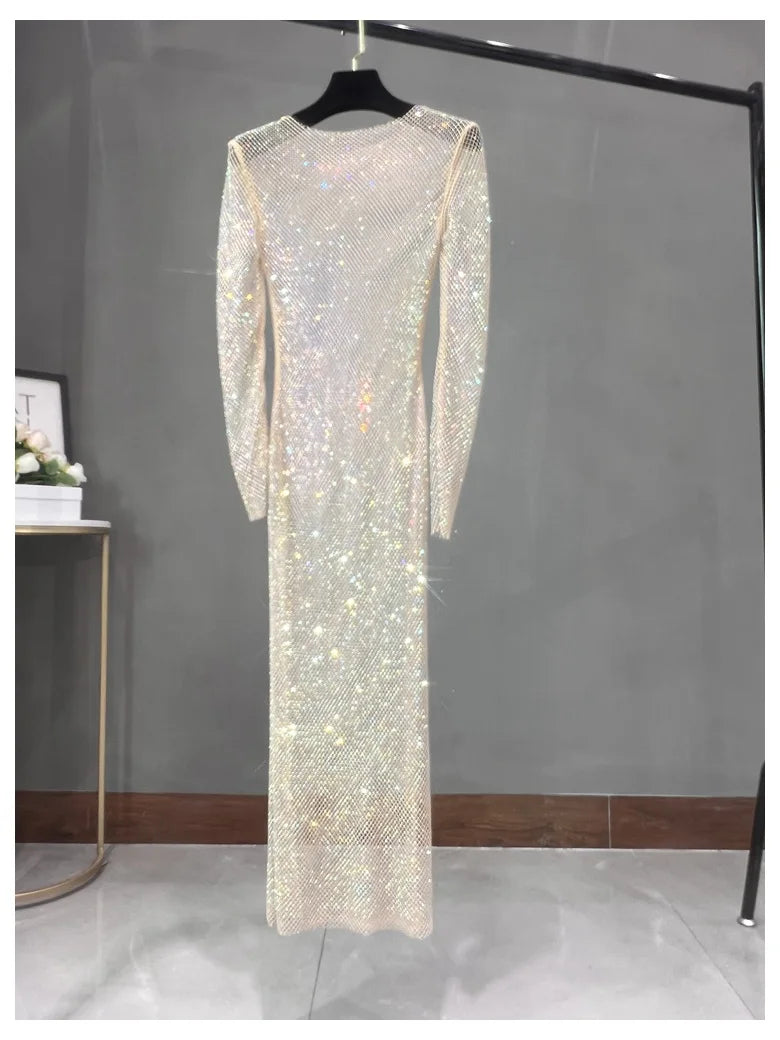 Club Apparel Sexy Rhinestone Dresses Long Sleeve Extra Diamond Dress