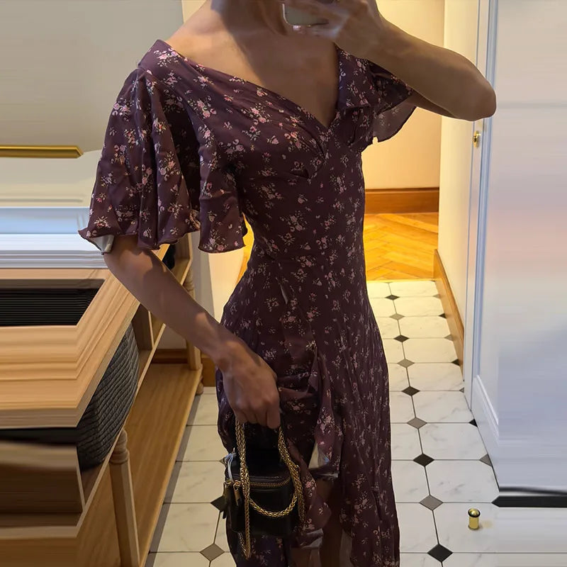 Floral Print 2026 Summer Lady Sexy V-neck Ruffles Short Flare Sleeve Split Midi Dresses Women's Slim High Waisted Party Vestidos