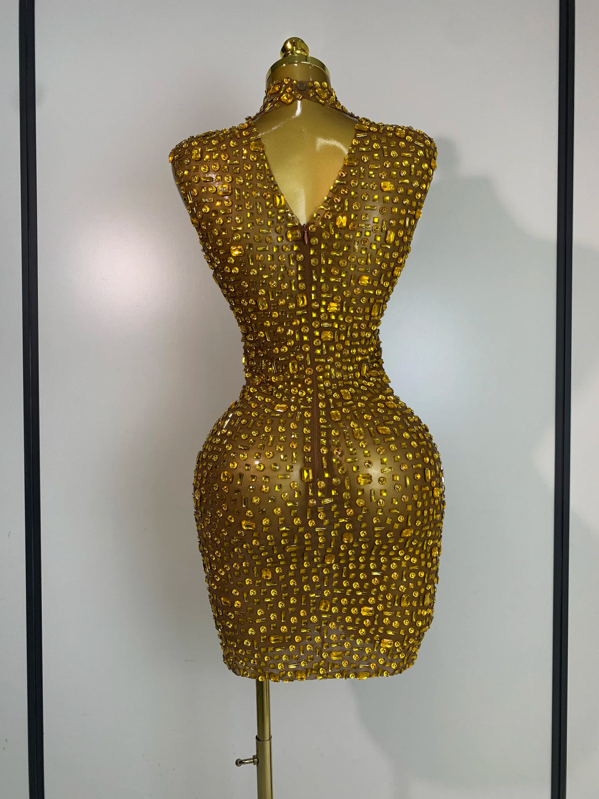 Women Luxury Gold Rhinestone Sexy Mesh Short Dress Sparkly Stage Costume Elegant Party Birthday Dresses Nightclub Singer Outf