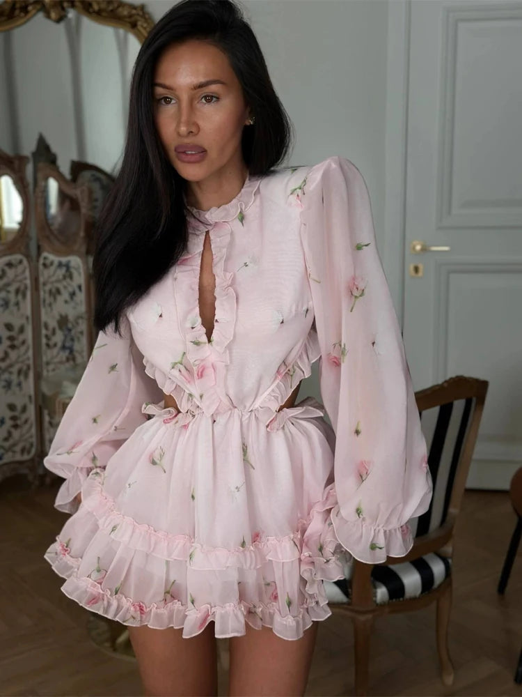 Women Pink Floral Print Chiffon Mini Dress Puff Sleeve Backless Cut Out Waist Tiered Ruffle Hem Dresses 2026 Casual Party Gown
