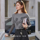 LOUIS YAO British Style Layered-Look Women's T-Shirt 2026 Spring Crew Neck Pullover Bouquet Pattern Long-Sleeve T-Shirt