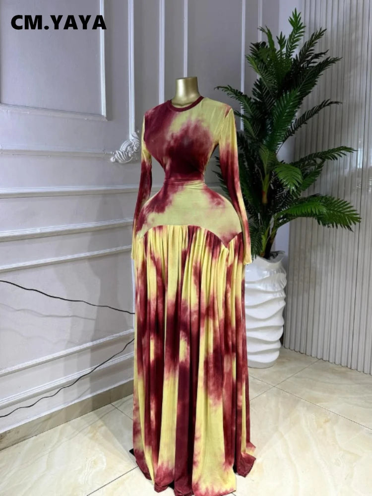 CM.YAYA Women Tie Dye Print O-neck Long Sleeve Pleated Long Dress 2026 Sexy Mesh Evening Party Birthday Vacation Dresses Vestido