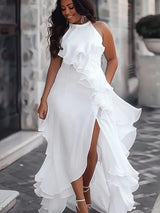 Plus Size White Halter Maxi Dress Women Ruffle Trim Split Thigh Formal Evening Gown for Wedding Party Bridesmaid