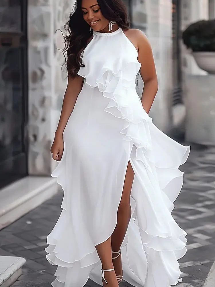Plus Size White Halter Maxi Dress Women Ruffle Trim Split Thigh Formal Evening Gown for Wedding Party Bridesmaid
