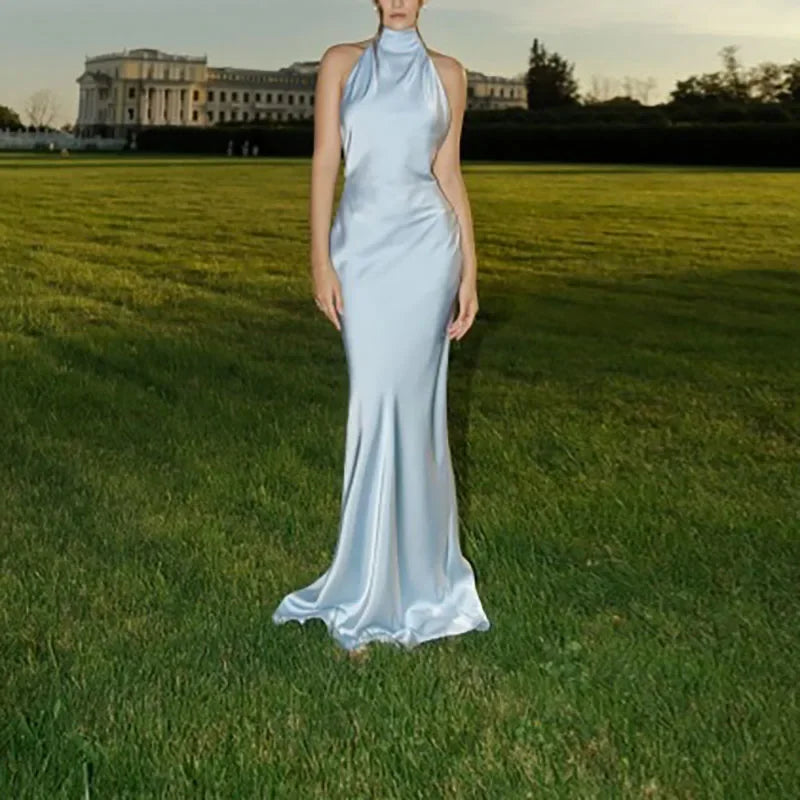 Sexy Halter Ribbon Backless Long Dresses Woman Spring Solid Satin Tight Gowns Evening Dress Summer Sleeveless Hollow Boho Dress