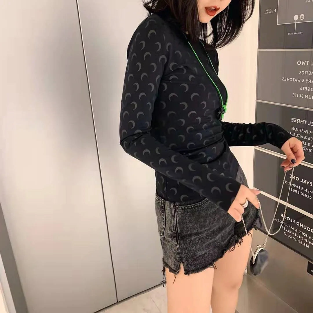 Moon Print Slim Fit Long Sleeve T-Shirt High Collar Embroidery Base Shirt Commute Style Spring Season Ladies Fashion