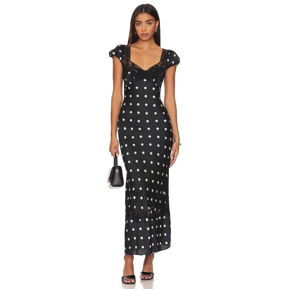 Fashionable Elegant Vintage Lace Patchwork Polka Dot Backless Maxi Dress For Women Luxurious Prom Dinner Party Wedding Guests