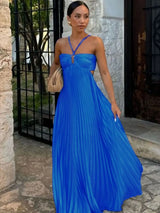 Blue Pleated Halter Long Dress Women's Solid Sleeveless Backless Lace-up Maxi Dress Summer Beach Vacation Evening Party Vestidos