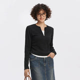 Semir Women T Shirt Cool Touch Slim Fit Mock Two Piece Long Sleeve Henley Cropped Casual Style Lightweight Fashion Tee Everyday