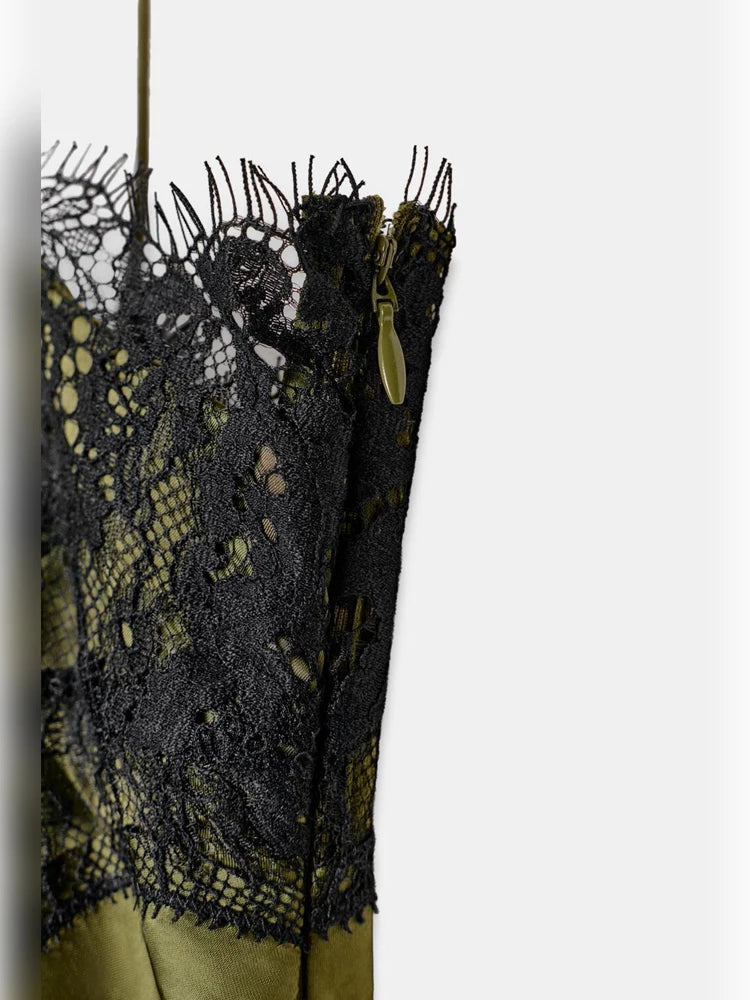 Chic Lace Patchwork Satin Camisole Dress Sleeveless See Through Irregular Hem Dresses 2026 New Party Daily Outdoor Casual Attire