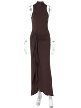 Mozision Elegant Draped Ruched Sexy Maxi Dress For Women Fashion O Neck Sleeveless Thigh High Split Club Party Long Dress Female