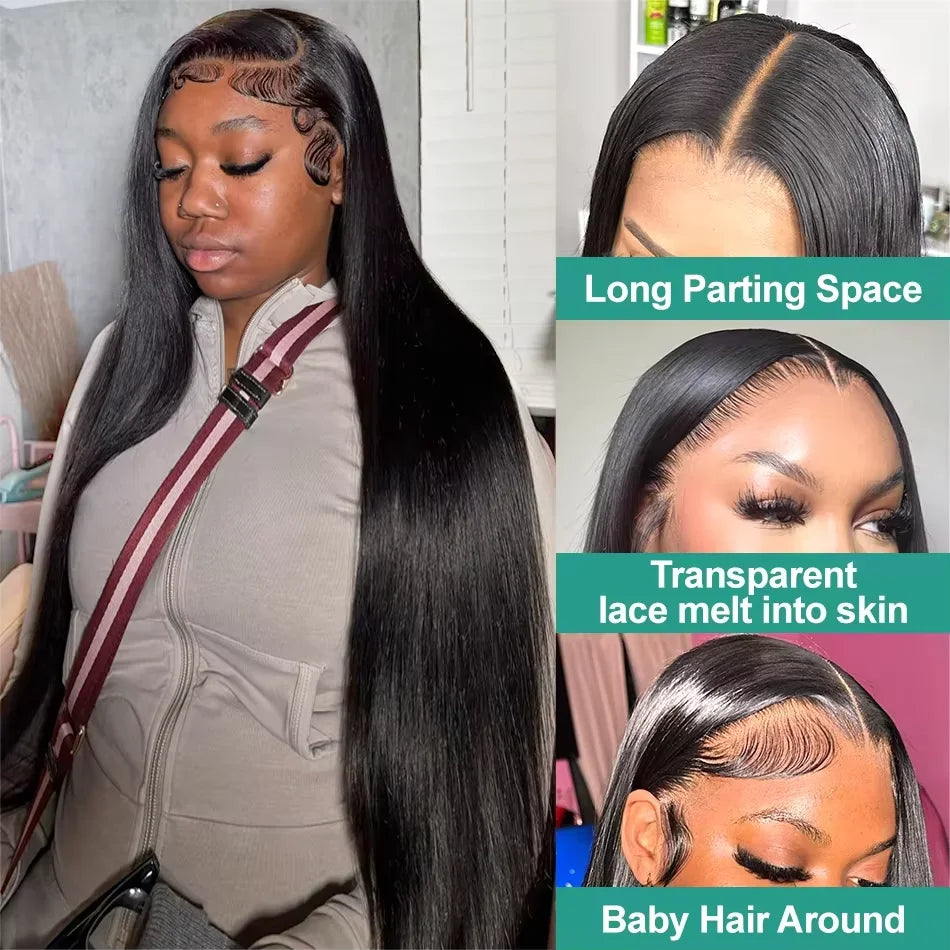 40 Inch Black Straight Human Hair Wigs 13x6 HD Lace Frontal Wig PrePlucked 250% Density 360 Lace Front Straight Human Hair Wigs