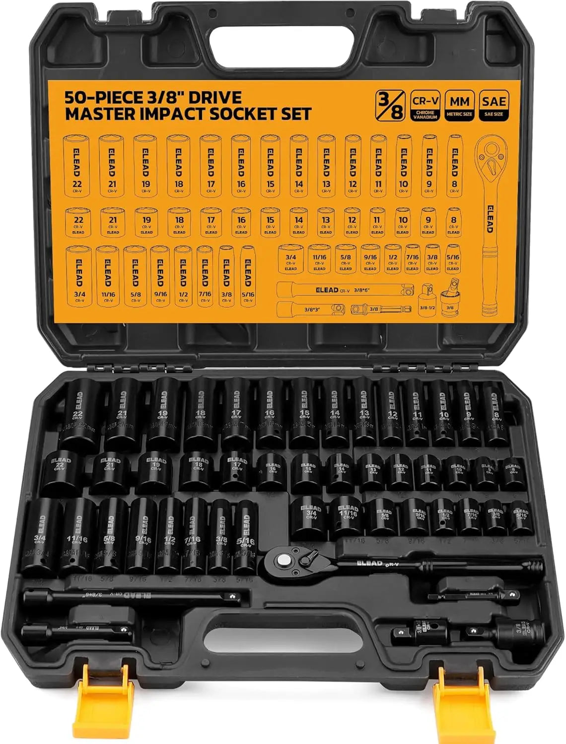 ELEAD 50PCS 3/8'' Drive Impact Socket Set Shallow & Deep Socket Set Metric and Standard Full with Universal Joint Extension Bar
