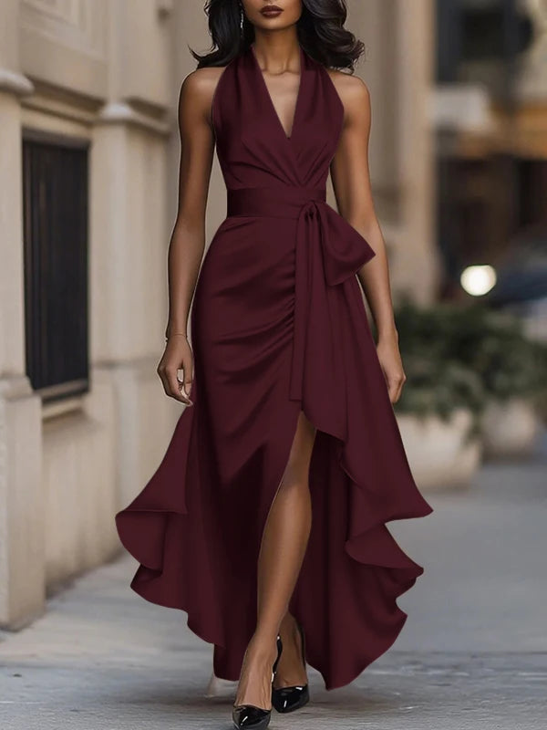 Freeacy Women's Deep V-neck Ruffled Evening Gowns Solid Color Lace-up High Waist Satin Party Dresses Wedding Guests Dress
