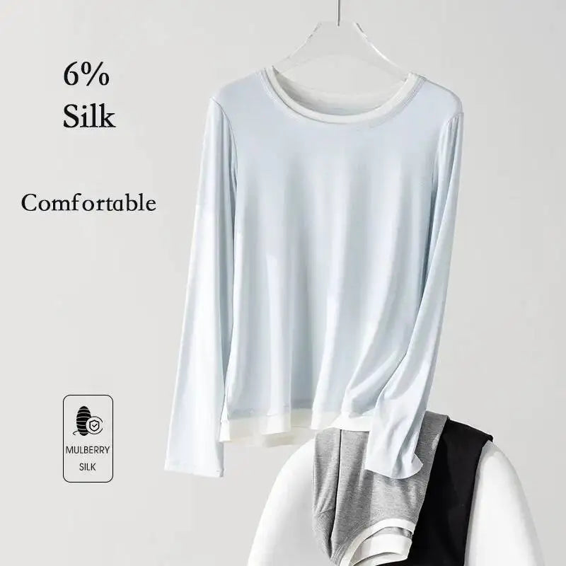 Women Fake Two-Piece T-shirt Spring Summer 6%Silk Round Neck Long Sleeve Basic T-Shirts Tops
