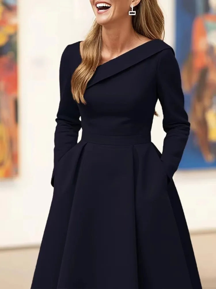 Olive Green Asymmetric Collar Long-Sleeve Midi Dress Elegant A-Line Wedding Guest Gown with Pockets Formal Bridal Event Outfit
