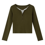 VIMLY Green Long Sleeve T-shirt Women Fashion Henley Neck Lace Spliced Slim-fit Knit T-shirt 2026 Fall Elegant Top Female 31596