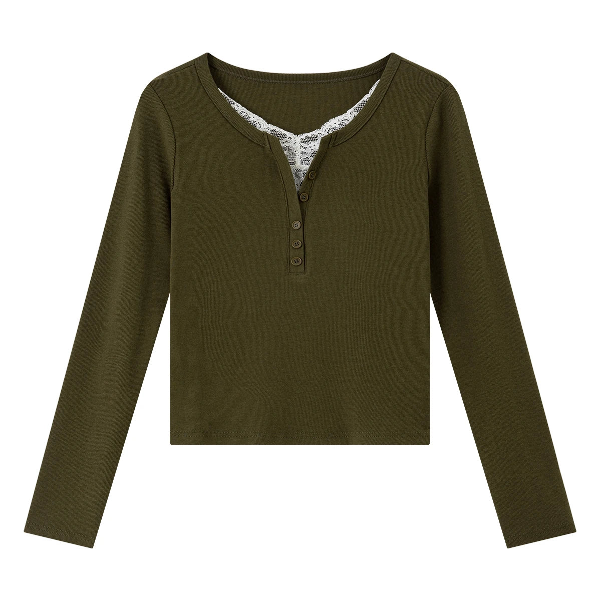 VIMLY Green Long Sleeve T-shirt Women Fashion Henley Neck Lace Spliced Slim-fit Knit T-shirt 2026 Fall Elegant Top Female 31596