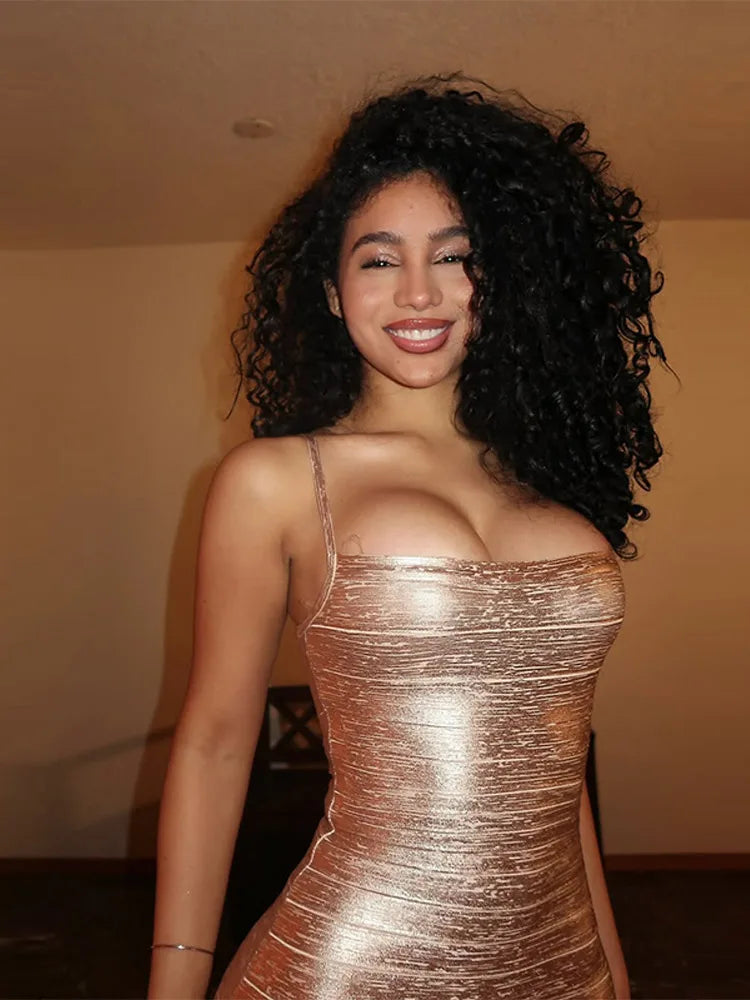 Party Dress Women's Metallic Gold Bandage Dress Spaghetti Straps Square Neck Bodycon Maxi Dresses Club Wear Evening Gown Clothes