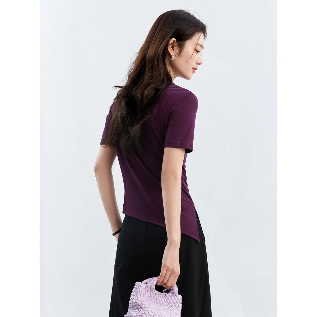 VIMLY Women's Summer T-Shirt 2026 Elegant Fashion Ladies Tee Adjustable Bow Tie Asymmetrical Hem Slim Fit Short Sleeve Top A5210