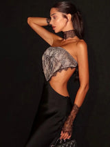Sexy Strapless Lace Patch Dress Women's Sleeveless Backless Hollow Out Slim Fit Satin Long Dresses 2026 Lady Event Evening Robe