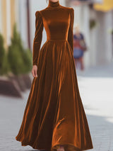O Neck Solid Patchwork Chic Maxi Dress, Spring Autumn Women Casual Long Sleeve Party Dress, 2025 New Holiday Simple Ladies Dress