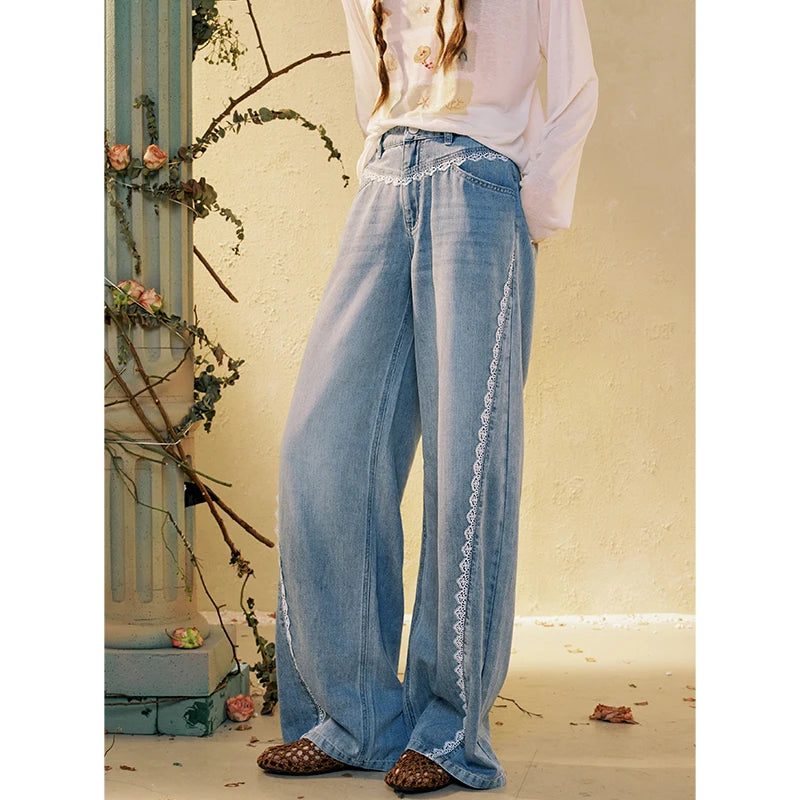 ELFSACK Women's Loose Wide Leg Jeans with Contrast Stitching, Vintage Blue Denim Pants, Casual Asymmetrical Daily Trousers