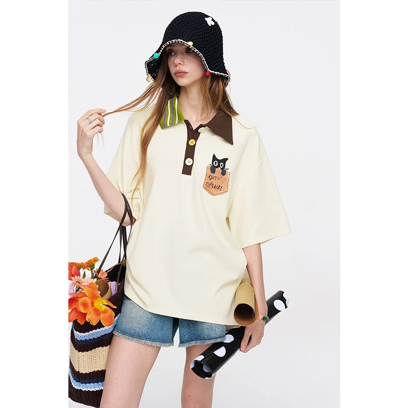 ELFSACK Cat Pocket Polo T-Shirt, Color Block Collar Oversized Tee with Cute Embroidery