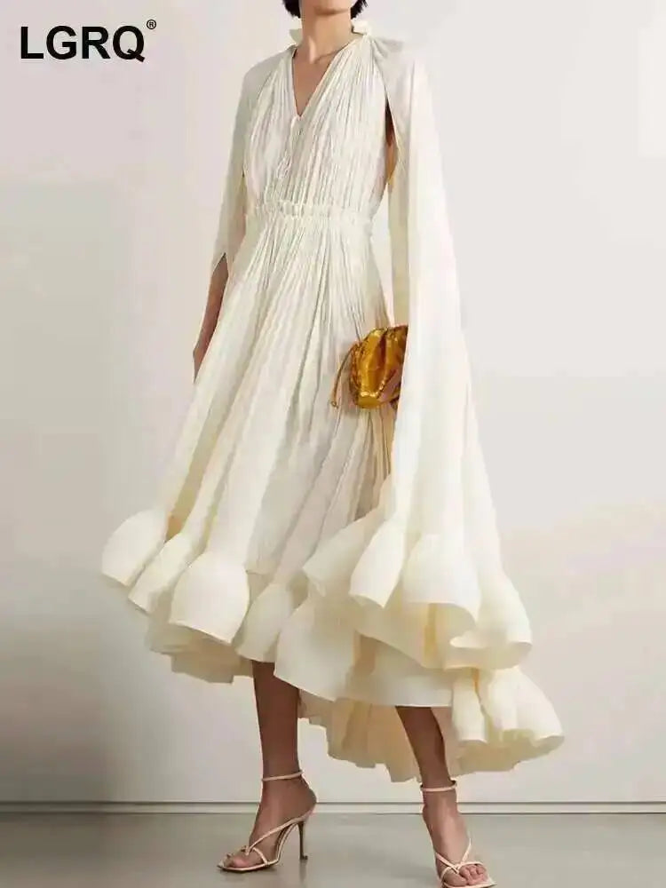 LGRQ Trendy Ruffles Irregular Dresses Women's Cloak Sleeves Spliced Lace Loose Pleat Dress Luxury Female Tide Summer New 19J4498