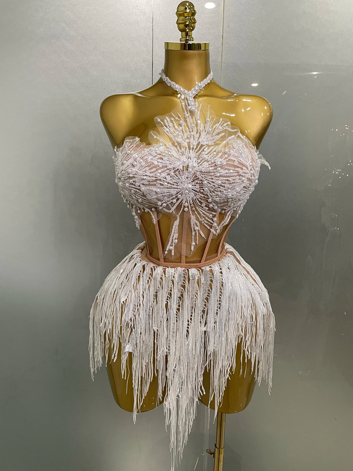 2025 Sexy Pearl Sequins Tassel Sleeveless Glitter Mini Dress Women Singer Bar Nightclub Stage Performance Clothing Show Outfit
