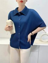 Miyake Pleated Lapel Button Up Short Sleeved Top for Women's Fashion,commuting Solid Color Shirt Spring 2024 Women's Clothing