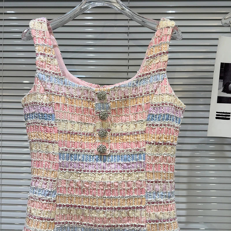 DEAT Fashion Diamond Flower Buckle Woven Tweed Dresses For Women Elegant Contrast Color Sleeveless Dress Female 11A04140