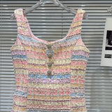 DEAT Fashion Diamond Flower Buckle Woven Tweed Dresses For Women Elegant Contrast Color Sleeveless Dress Female 11A04140