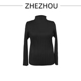 Miyake Style Simple Solid Color Bottoming T-Shirt Women's Long Sleeve High Elasticity Slim Fit Versatile Solid Color Pleated Top