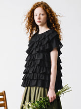 imakokoni Women's T‑shirts and Polos Summer Black Cake Layered Multi‑layer Ruffled Short Sleeve Casual Female Clothing Tops