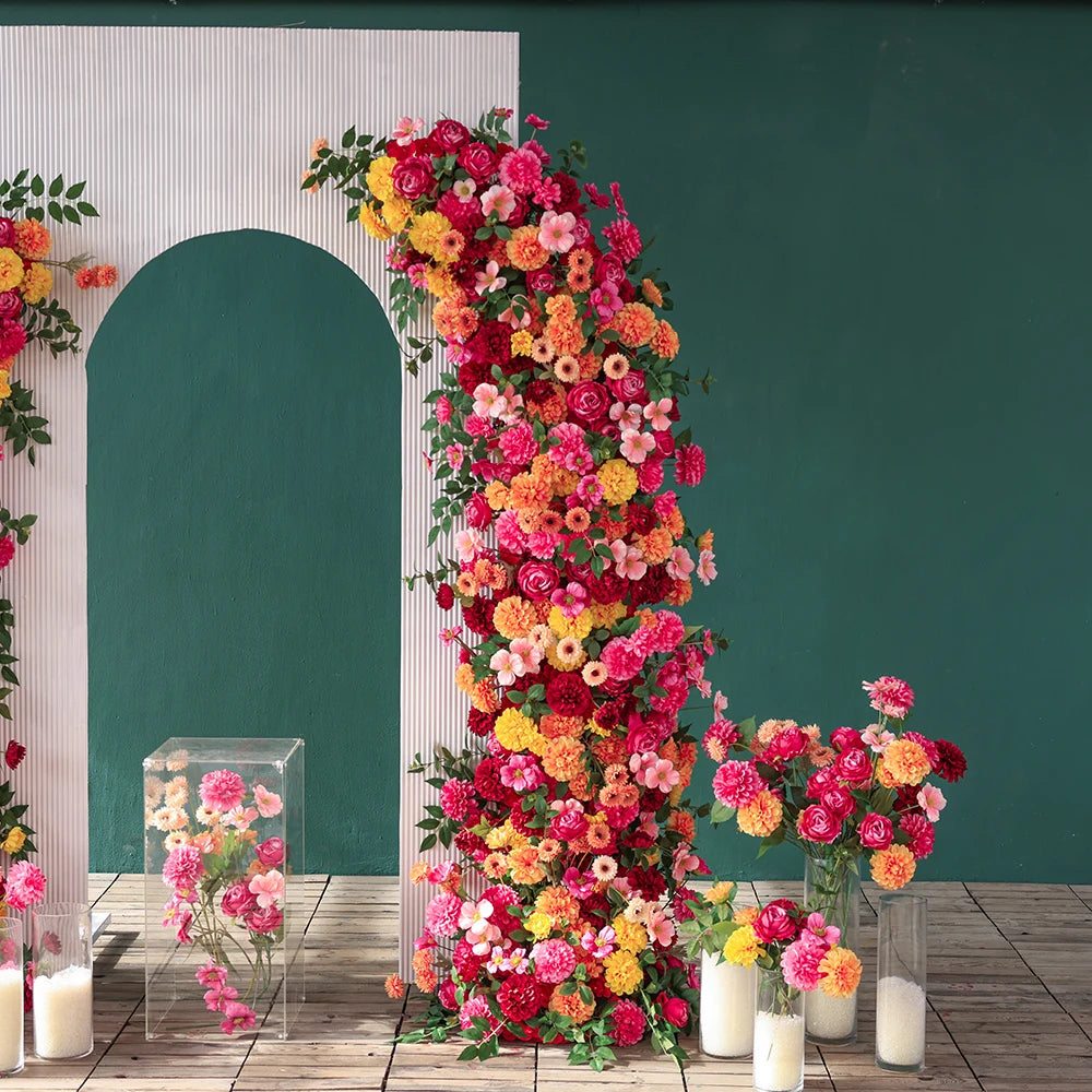 Hot Pink Orange Chrysanthemum Artificial Flower Runner for Event Backdrop Decor Props Wedding Florals Horn Arch Decoration J2357