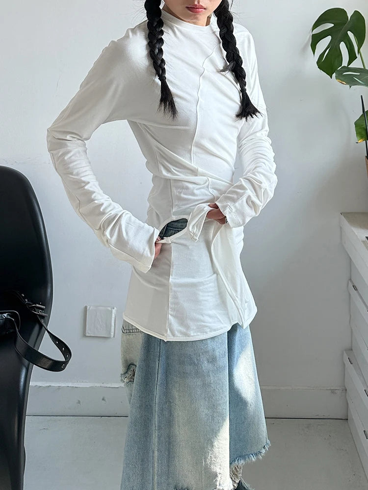 [EAM] Women White Irregular Hem Elegant Long Slim T-shirt New Round Neck Long Sleeve Fashion Tide Spring Autumn 2026 1DJ0097
